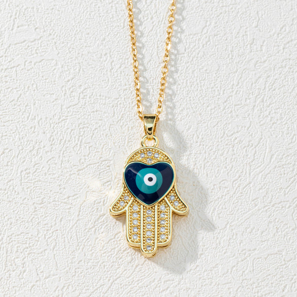 Wholesale Jewelry Copper Zircon Devil's Eye Palm Pendant Necklace 18K Gold Electroplated O Chain For Women
