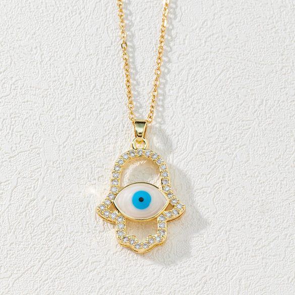 Wholesale Jewelry Copper Zircon Devil's Eye Palm Pendant Necklace 18K Gold Electroplated O Chain For Women