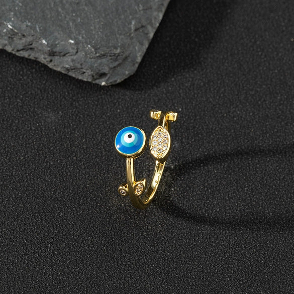 Wholesale Jewelry Copper Zircon Enamel Oil Drop Evil Eye Retro Open Ring For Women Electroplated