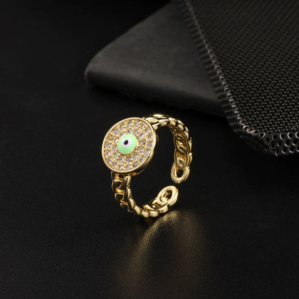 Wholesale Jewelry Copper Zircon Enamel Oil Drop Evil Eye Retro Open Ring For Women Electroplated