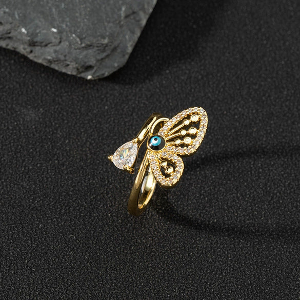 Wholesale Jewelry Copper Zircon Enamel Oil Drop Evil Eye Retro Open Ring For Women Electroplated