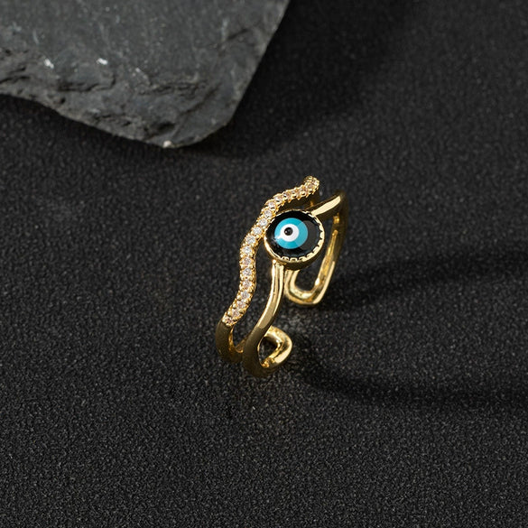 Wholesale Jewelry Copper Zircon Enamel Oil Drop Evil Eye Retro Open Ring For Women Electroplated