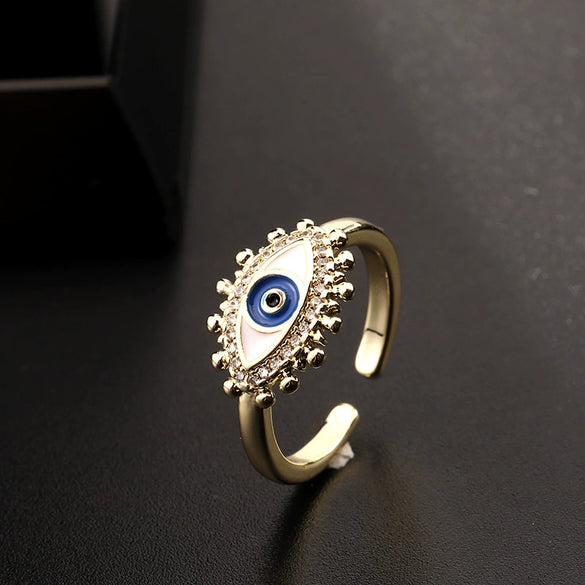 Wholesale Jewelry Copper Zircon Enamel Oil Drop Evil Eye Retro Open Ring For Women Electroplated