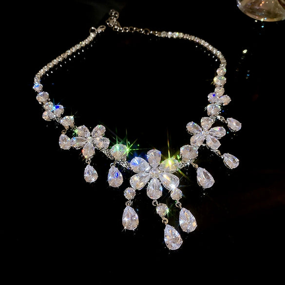 Wholesale Jewelry Copper Zircon Flower Water Drop Tassel Earrings And Necklace Set