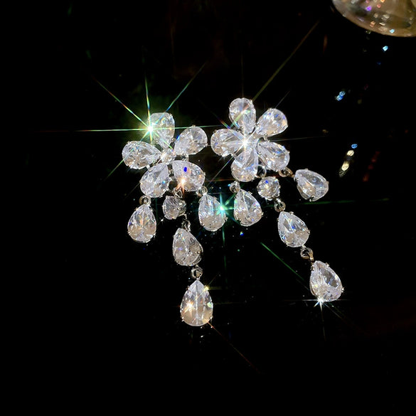Wholesale Jewelry Copper Zircon Flower Water Drop Tassel Earrings And Necklace Set