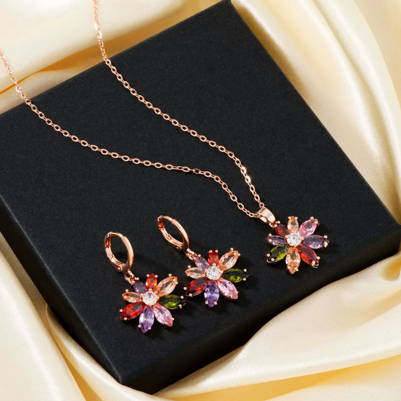 Wholesale Jewelry Copper Zircon Plants And Flowers Style Electroplating Earrings Necklace Twopiece Set For Women