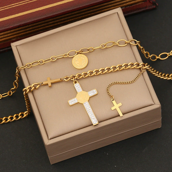 Wholesale Jewelry Cross Necklace Suit Coin Stainless Steel Multi Layer O Chain With Electroplating For Women
