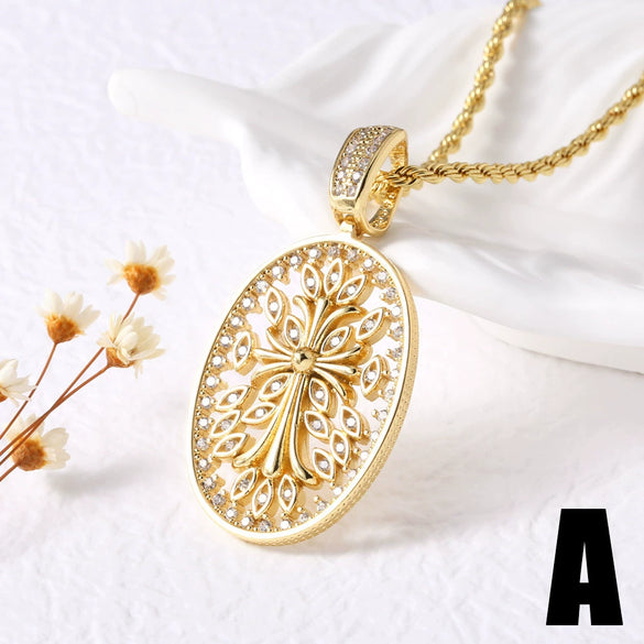 Wholesale Jewelry Cross Pendant Necklace Copper 18K Gold Plated Electroplating Geometric Style Box Chain