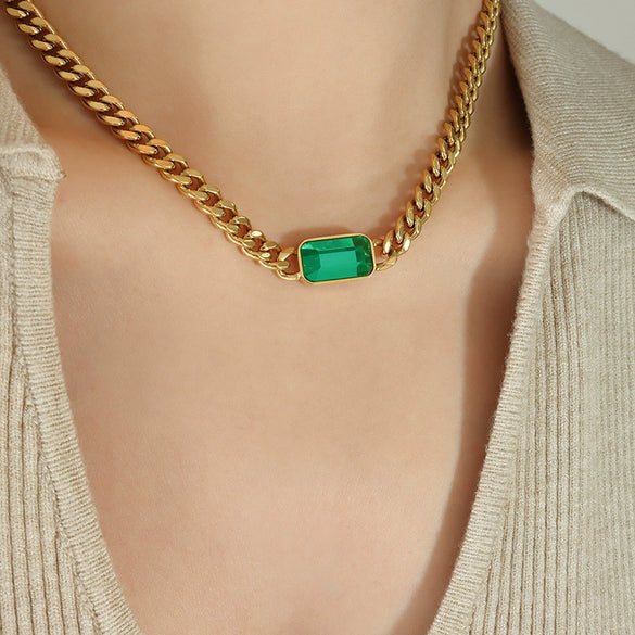 Wholesale Jewelry Cuban Chain 316L Stainless Steel Hip Hop Green Black Glass Stone Electroplated Necklace Bracelet For Women
