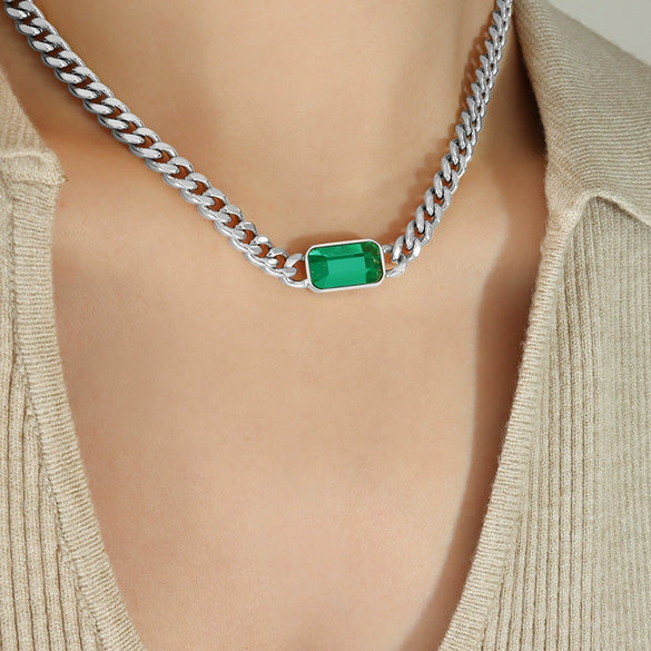 Wholesale Jewelry Cuban Chain 316L Stainless Steel Hip Hop Green Black Glass Stone Electroplated Necklace Bracelet For Women