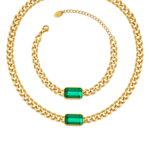 Wholesale Jewelry Cuban Chain 316L Stainless Steel Hip Hop Green Black Glass Stone Electroplated Necklace Bracelet For Women