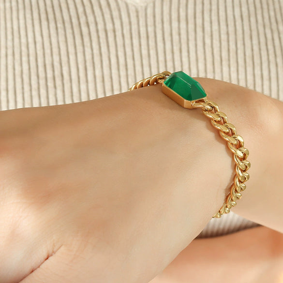 Wholesale Jewelry Cuban Chain 316L Stainless Steel Hip Hop Green Black Glass Stone Electroplated Necklace Bracelet For Women