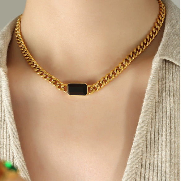 Wholesale Jewelry Cuban Chain 316L Stainless Steel Hip Hop Green Black Glass Stone Electroplated Necklace Bracelet For Women