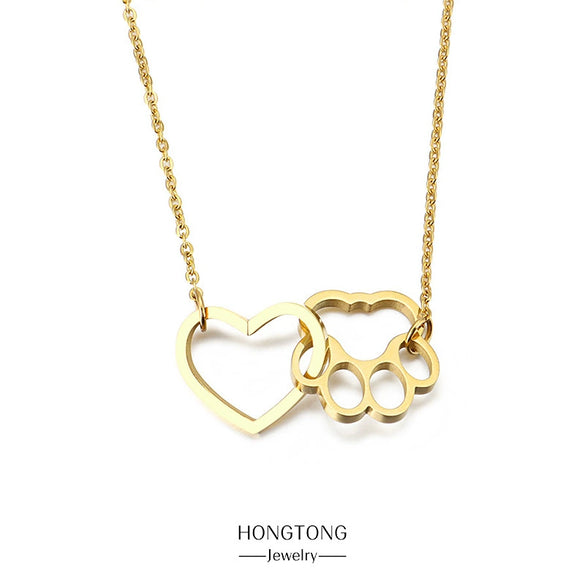 Wholesale Jewelry Cute Cat Paw Print Peach Heart Stainless Steel Necklace With Electroplating Treatment