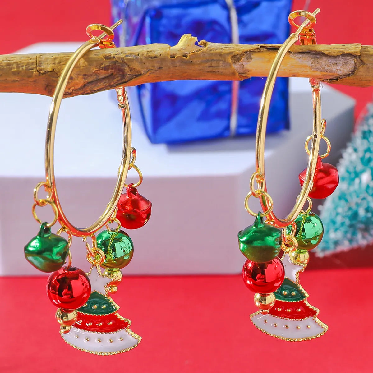 Wholesale Jewelry Cute Christmas Tree Alloy Gold Plated Enamel Hoop Earrings