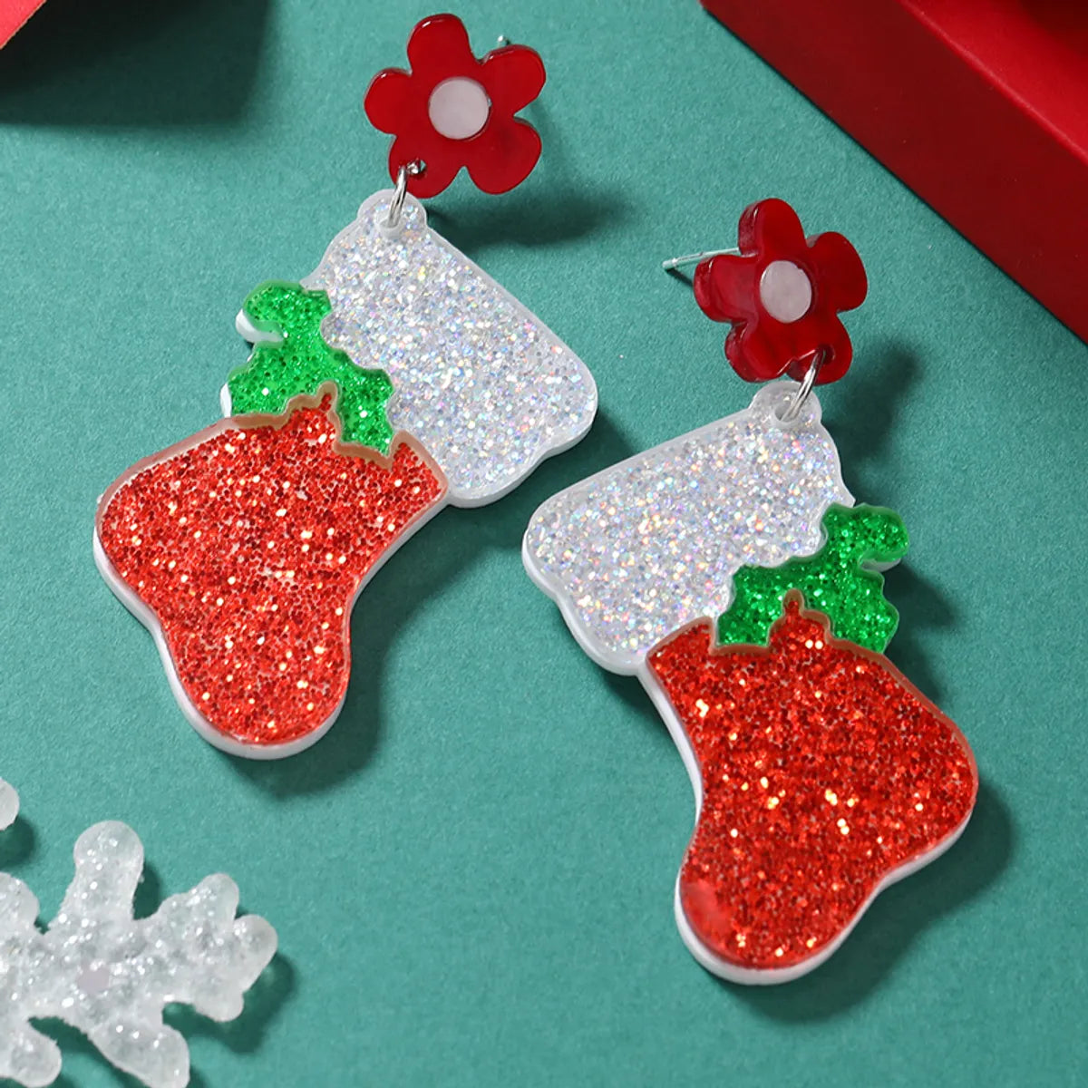 1 Pair Cute Christmas Tree Christmas Socks Snowflake Painted Arylic Drop Earrings