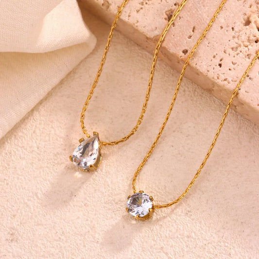 Wholesale Jewelry Cute Modern Style Sweet Geometric Round Water Droplets 304 Stainless Steel Artificial Rhinestones 18K Gold Plated Inlay Pendant Necklace