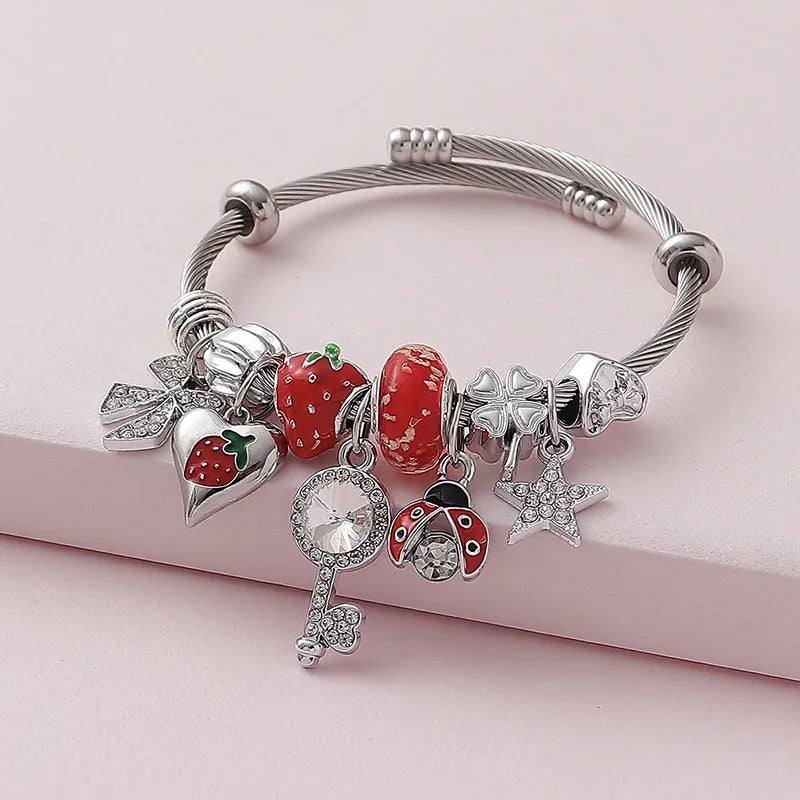 Wholesale Jewelry Cute Modern Style Sweet Insect Heart Shape Strawberry Alloy Rhinestones Enamel Inlay Bangle