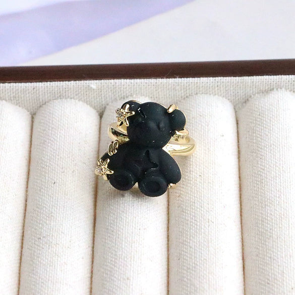 Wholesale Jewelry Cute Resin Animal Bear Inlaid Zirconium Electroplated Open Ring For Women