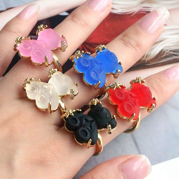 Wholesale Jewelry Cute Resin Animal Bear Inlaid Zirconium Electroplated Open Ring For Women