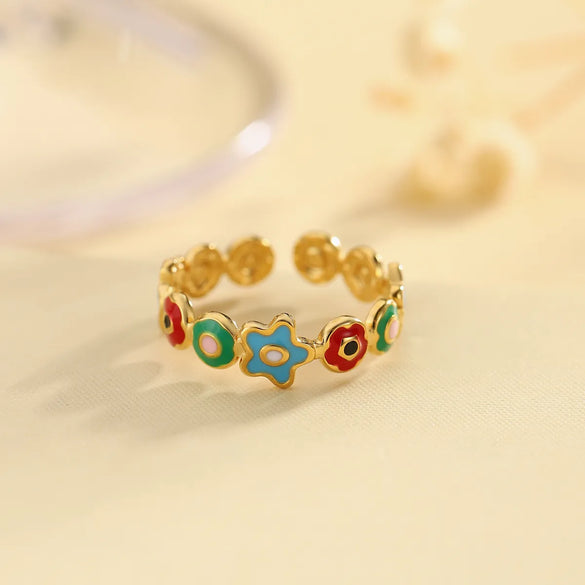 Wholesale Jewelry Cute Romantic Pastoral Leaves Heart Shape Snake 304 Stainless Steel 18K Gold Plated Enamel Rings