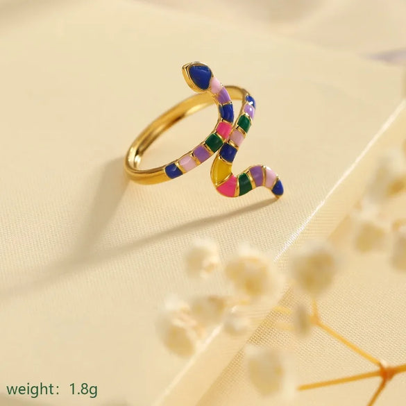 Wholesale Jewelry Cute Romantic Pastoral Leaves Heart Shape Snake 304 Stainless Steel 18K Gold Plated Enamel Rings