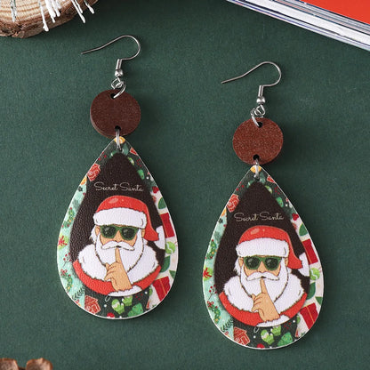 Wholesale Jewelry Cute Santa Claus Water Droplets Pu Leather Printing Drop Earrings