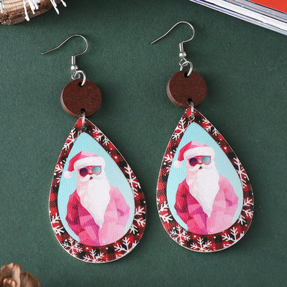 Wholesale Jewelry Cute Santa Claus Water Droplets Pu Leather Printing Drop Earrings