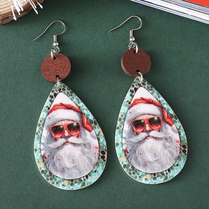 Wholesale Jewelry Cute Santa Claus Water Droplets Pu Leather Printing Drop Earrings