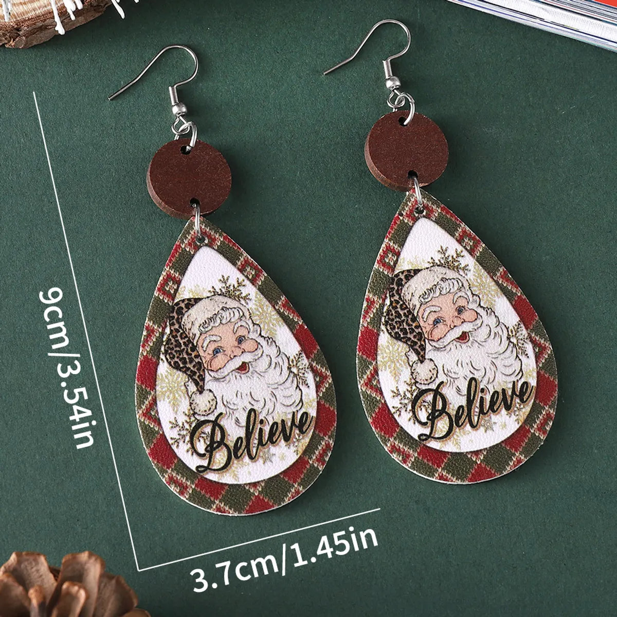 Wholesale Jewelry Cute Santa Claus Water Droplets Pu Leather Printing Drop Earrings