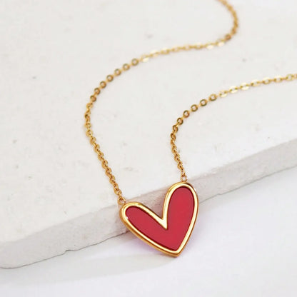 Wholesale Jewelry Cute Sweet Asymmetrical Heart Shape 304 Stainless Steel Acrylic 18K Gold Plated Inlay Pendant Necklace