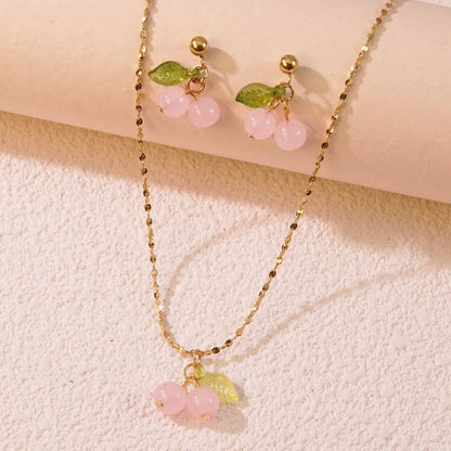 Wholesale Jewelry Cute Sweet Cherry Fruit 304 Stainless Steel 18K Gold Plated Plating Earrings Necklace Jewelry Set