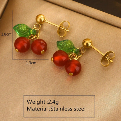 Wholesale Jewelry Cute Sweet Cherry Fruit 304 Stainless Steel 18K Gold Plated Plating Earrings Necklace Jewelry Set