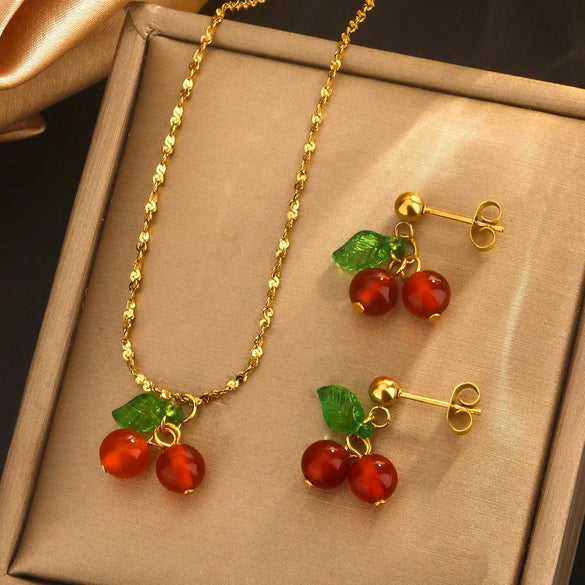 Wholesale Jewelry Cute Sweet Cherry Fruit 304 Stainless Steel 18K Gold Plated Plating Earrings Necklace Jewelry Set