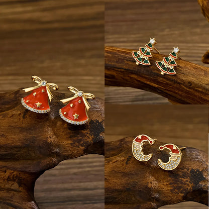 Wholesale Jewelry Cute Sweet Christmas Tree Moon Bow Knot Copper Alloy Zircon 18k Gold Plated Enamel Plating Inlay Ear Studs