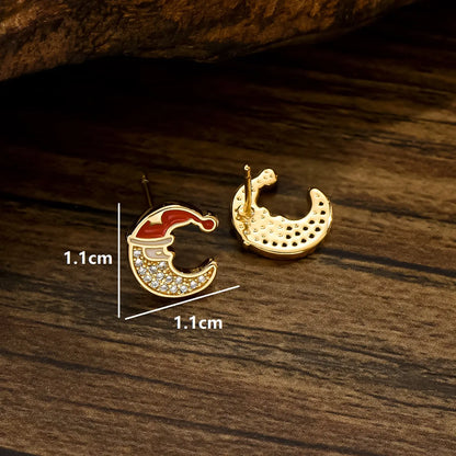 Wholesale Jewelry Cute Sweet Christmas Tree Moon Bow Knot Copper Alloy Zircon 18k Gold Plated Enamel Plating Inlay Ear Studs