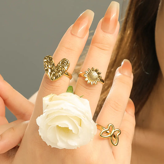 Wholesale Jewelry Cute Sweet Simple Style Sunflower Heart Shape Butterfly 304 Stainless Steel 14K Gold Plated Plating Hollow Out Adjustable Ring