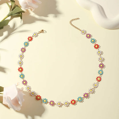 Wholesale Jewelry Cute Sweet Star Moon Daisy Titanium Steel Crystal Enamel Inlay Necklace