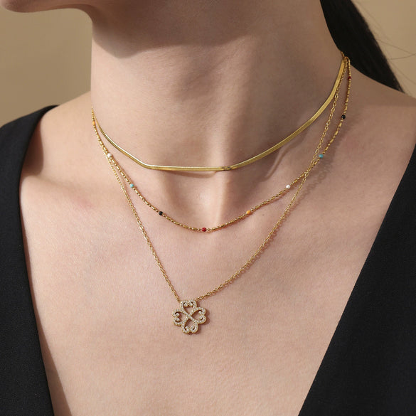 Wholesale Jewelry Diamond Heartshaped Hollow Fourleaf Clover Pendant Necklace Bracelet Set For Women Stainless Steel Zircon Titanium Steel Electroplated