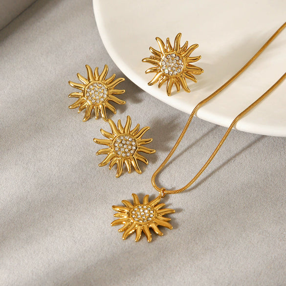 Wholesale Jewelry Diamond Sunflower Necklace Open Ring Earrings For Women Titanium Steel Stainless Steel Electroplated Flower Shape