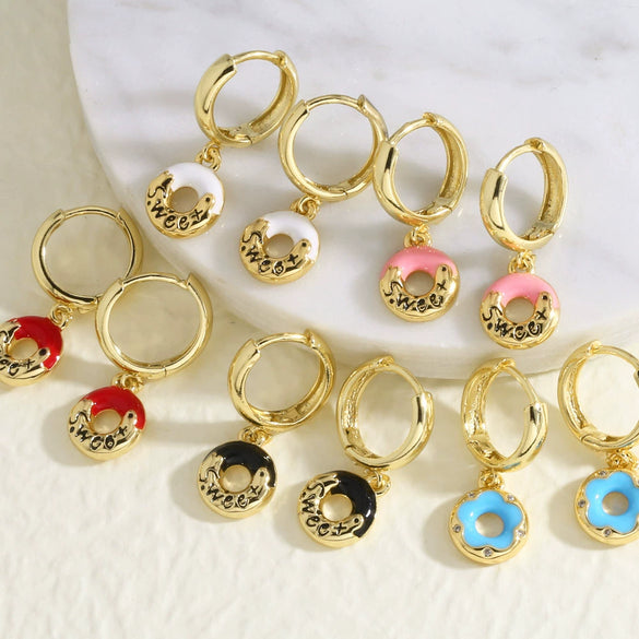 Wholesale Jewelry Donut Oil Drop Earrings Copper 18K Gold Plated Electroplated Geometric Style For Women