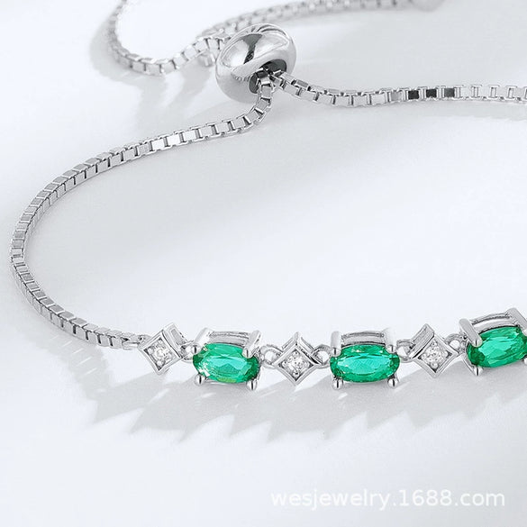 Wholesale Jewelry Eggshaped S925 Silver Cultivated Emerald Geometric Inlay Women's Bracelet