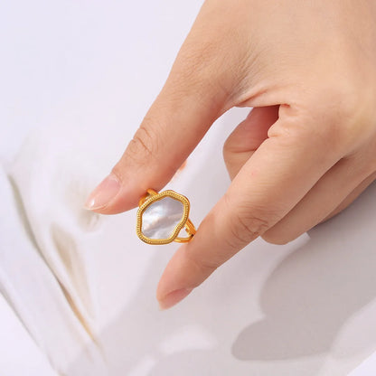 Wholesale Jewelry Elegant Baroque Style Irregular Titanium Steel Shell 18K Gold Plated Inlay Open Rings