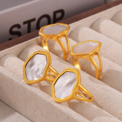 Wholesale Jewelry Elegant Baroque Style Irregular Titanium Steel Shell 18K Gold Plated Inlay Open Rings