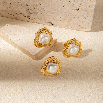 Wholesale Jewelry Elegant Baroque Style Streetwear Irregular Square 304 Stainless Steel Pearl 14K Gold Plated Inlay Open Rings