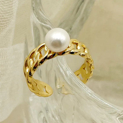 Wholesale Jewelry Elegant Baroque Style Sweet Star Solid Color Flower 304 Stainless Steel Pearl 14K Gold Plated Hollow Out Inlay Open Rings