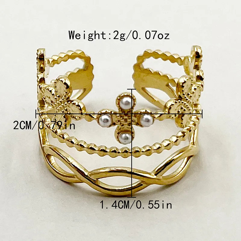 Wholesale Jewelry Elegant Baroque Style Sweet Star Solid Color Flower 304 Stainless Steel Pearl 14K Gold Plated Hollow Out Inlay Open Rings