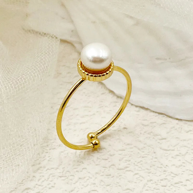 Wholesale Jewelry Elegant Baroque Style Sweet Star Solid Color Flower 304 Stainless Steel Pearl 14K Gold Plated Hollow Out Inlay Open Rings