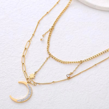 Wholesale Jewelry Elegant Basic Classic Style Moon 304 Stainless Steel 18K Gold Plated Double Layer Necklaces