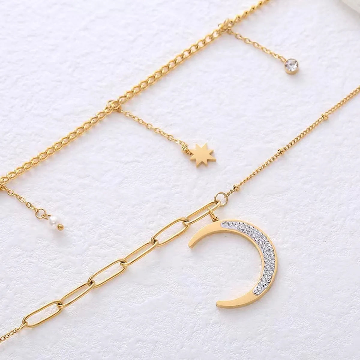 Wholesale Jewelry Elegant Basic Classic Style Moon 304 Stainless Steel 18K Gold Plated Double Layer Necklaces